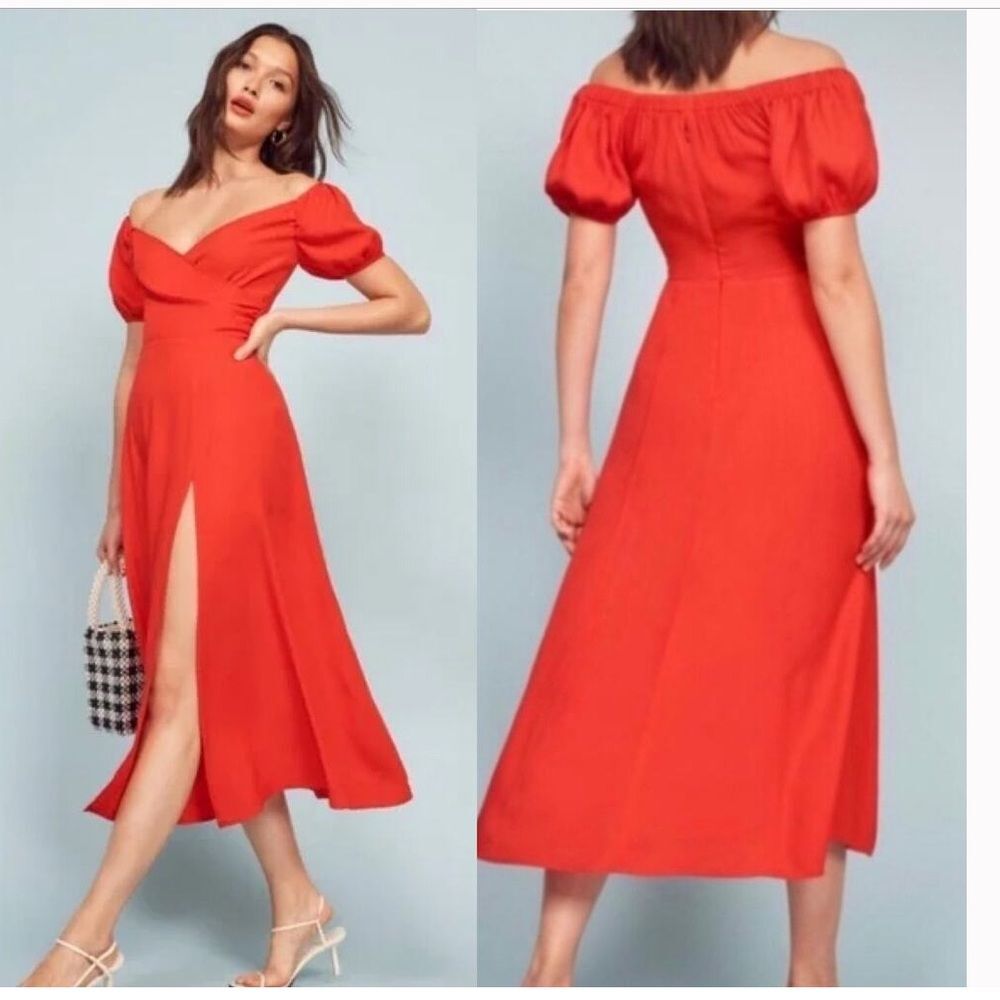 Reformation Pearl Dress Bright Red Off The Shoulder Dress Rayon Size 0